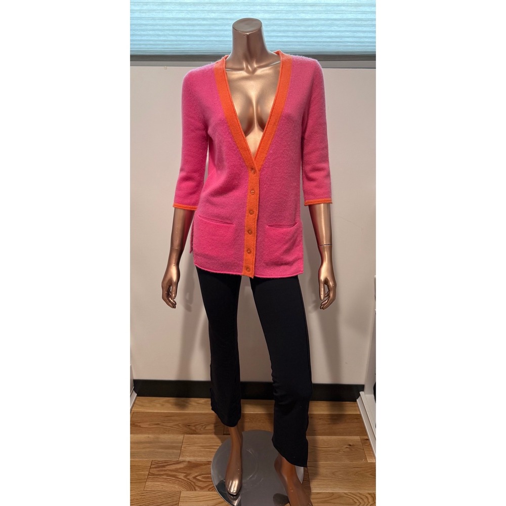 Qi Cashmere Pink Colorblock V-Neck Cardigan Sweater Grandma Boho Cottagecore/S